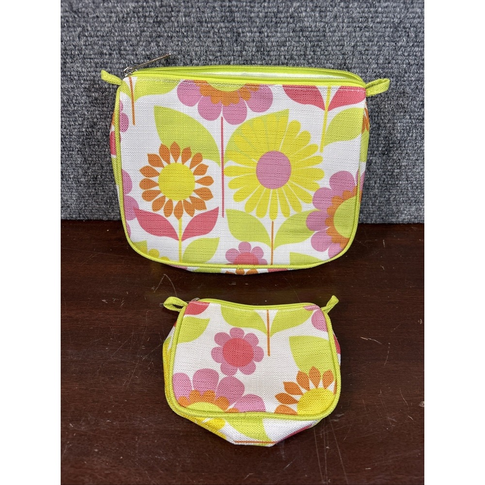New Clinique 2 Piece Makeup Purse Cosmetic Bag Pink Yellow‎ Lime Green Floral